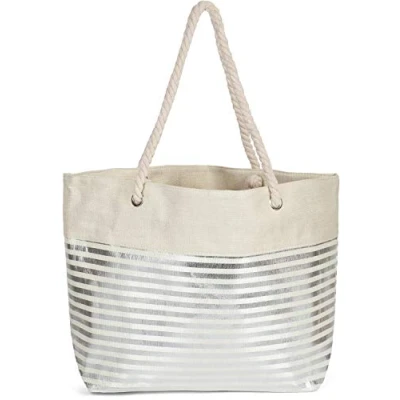 Abbildung von styleBREAKER Damen XXL Strandtasche mit Metallic Streifen und Reißverschluss, Schultertasche, Shopper 02012281, Farbe:Beige Silber