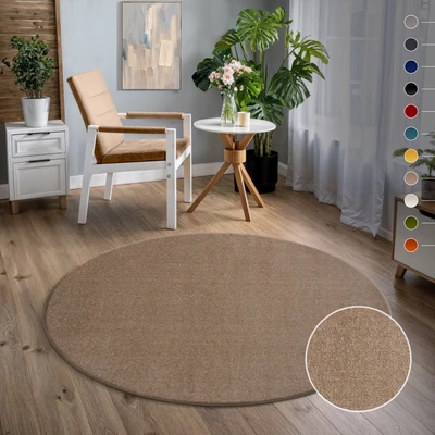 Abbildung von SANAT Kurzflor Teppich Wohnzimmer Uni Modern Teppiche fürs Schlafzimmer, Arbeitszimmer, Büro, Flur, Kinderzimmer und Küche Beige, 150 cm Rund