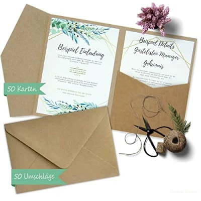 Abbildung von 50 Stück Pocketfold Kraftpapier Hochzeitskarte blanko I 121 x 158 mm für DIN B6 Umschlag 300 g/m² Hochzeitseinladungen selber basteln Karte Hochzeit Faltkarten