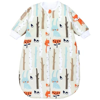 Abbildung von TupTam Baby Ganzjahresschlafsack Rund OEKO TEX zertifizierte Materialien mit abnehmbaren Ärmeln 2.5 TOG unisex, Farbe: Birkenwald Fuchs Bär Igel Hase Beige, Größe: 56 62