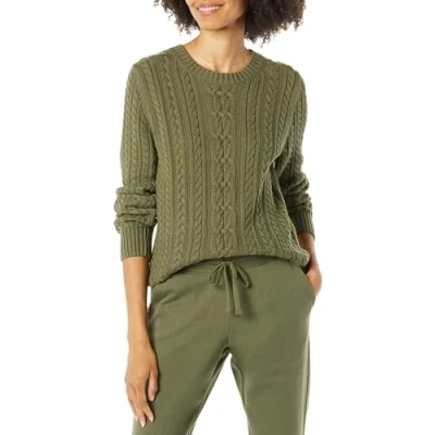 Abbildung von Amazon Essentials Damen Fisherman Cable Langarm Pullover mit Rundhalsausschnitt (in Übergröße erhältlich), Olivgrün, S