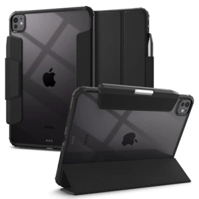 Abbildung von Spigen Ultra Hybrid Pro Hülle für iPad 11 Zoll 5.Generation M4 (2024) Case mit Stifthalter Auto Schlaf/Wach Funktion Schutzhülle transparenter Rückseitenschale veganes Veloleder Schwarz