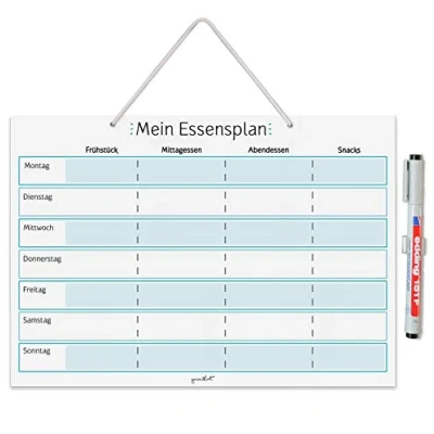Abbildung von Mein Essensplaner zum Aufhängen in DIN A4 I Whiteboard Planer für die ganze Woche abwischbar Blau mit Aufhängung, Stifthalter und Stift dv_919