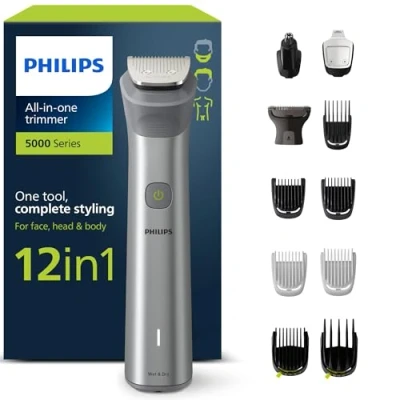 Abbildung von Philips Multigroom Series 5000, All in One Trimmer, 12 1 Barttrimmer und Haarschneider für Gesicht, Kopf Körper komplettes Styling, 14 Längeneinstellungen (0,516 mm) (Modell MG5950/15)