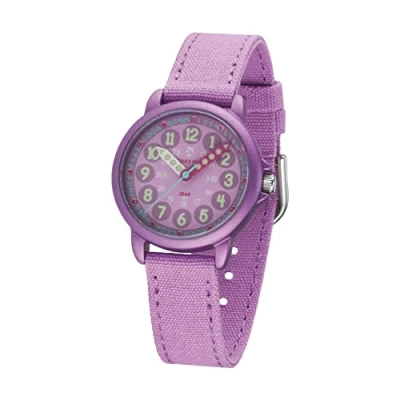 Abbildung von JACQUES FAREL Lernuhr Öko Kinderuhr Mädchen Armbanduhr Analog Quarz mit Textilarmband aus Bio Baumwolle Lila Violett Nachhaltig ORGT 1112