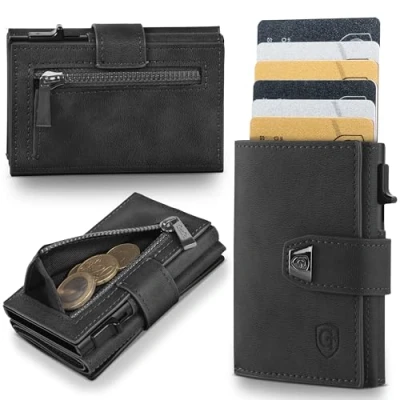 Abbildung von GenTo Slim Wallet mit Münzfach Geldbeutel Herren für 10 Karten Geldbörse RFID Schutz Smart kleines dünnes Kartenetui Portemonnaie (Schwarz matt, Mini Münzfach)