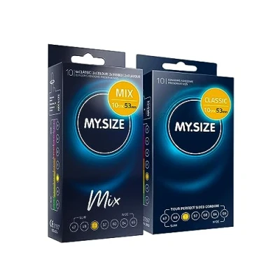 Abbildung von MY.SIZE Mix SET Größe 3, 53 mm: 10 Classic Kondome + in 4 aufregenden Sorten, mit Aroma, Farbe, Genoppt &amp;