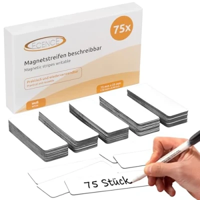 Abbildung von ECENCE 75 Magnetstreifen beschreibbar 75x25mm Weiss zuschneidbare Haftstreifen abwischbare Magnetschilder Magnet Etiketten für Whiteboards, Kühlschränke, Magnettafeln