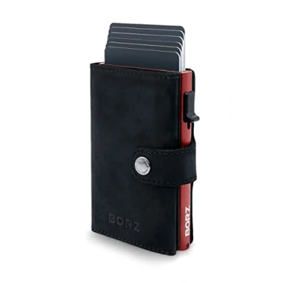 Abbildung von BORZ Prime ® Slim Wallet mit Münzfach AirTag kompatibel I Kartenetui RFID Schutz Mini Geldbörse Cardholder Geldbeutel für Karten &amp; Scheine aus echtem Leder Herren Damen