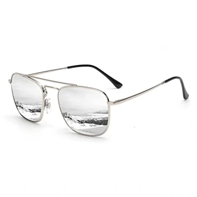 Abbildung von JIM HALO Quadratische Pilotensonnenbrille im Retro Stil Premium Glass Lens Flat Metal Eyewear Herren Damen (Silber/Spiegelsilber)