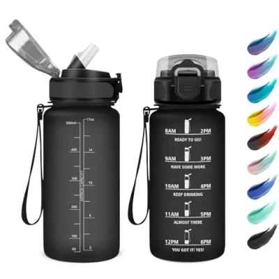 Abbildung von Trinkflasche Kinder Auslaufsicher 500ml, Wasserflasche Kohlensäure Geeignet, Sport mit Zeitmarkierung, Strohhalm, Perfekt für Kindergarten, Schule, Büro, Camping