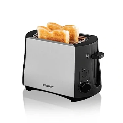 Abbildung von Cloer 3410 Toaster, 825 W, für 2 Toastscheiben, integrierter Brötchenaufsatz, Nachhebevorrichtung, Krümelschublade, mattiertes wärmeisoliertes Metallgehäuse
