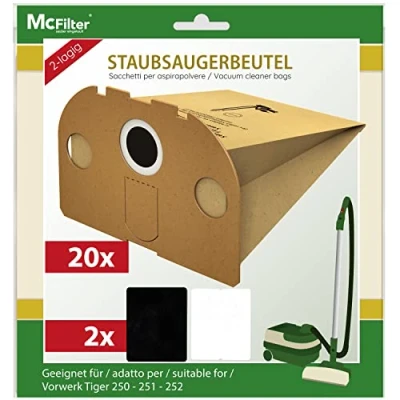 Abbildung von McFilter 20 Staubsaugerbeutel geeignet für Vorwerk Tiger VT 250, 251,VT 252 VT250, VT251, VT252 inkl. 2 Abluftfilter und Motorfilter formstabile Pappdeckscheibe mit Flansch
