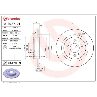 Abbildung von BREMBO 08.D757.21 Bremsscheibe 288 12 5 voll beschichtet OPEL: Insignia B Sports Tourer, Grand Sport