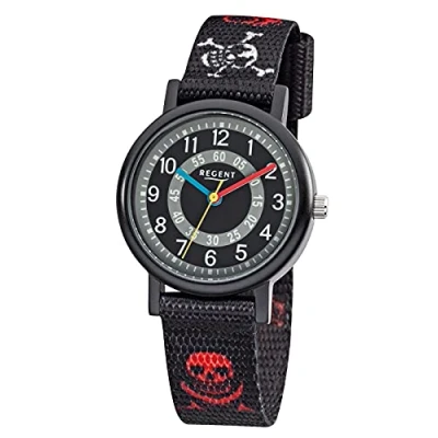 Abbildung von Regent Kinder Armbanduhr Elegant Analog Textil Armband schwarz rot weiß Quarz Uhr Ziffernblatt grau URF950