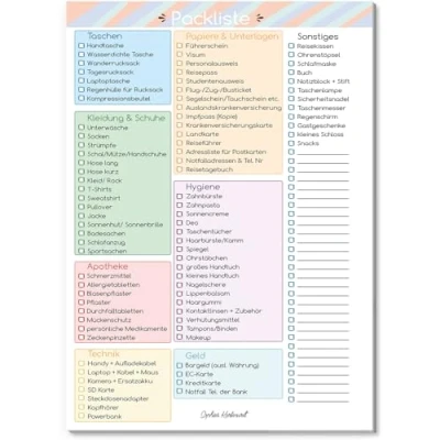 Abbildung von Packliste Block im DIN A5 Format mit 50 Blatt Reise Checkliste für die praktische Reisevorbereitung zum Abhaken von Sophies Kartenwelt