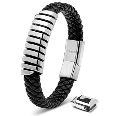 Abbildung von SERASAR Armbänder Herren Silber 23cm Männer Armband Leder Armreif Lederband Herrenarmreif Armschmuck Schmuck Flecht Wickelarmband Kette Leather Bracelet