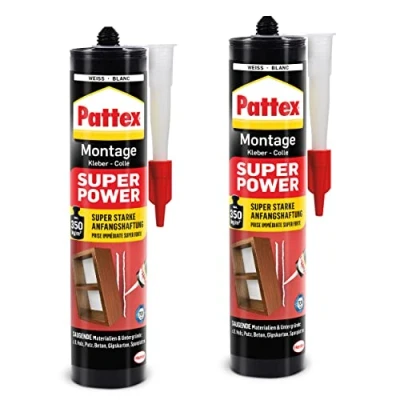 Abbildung von Pattex Montagekleber Super Power, Baukleber mit superstarker Anfangshaftung, Kraftkleber für saugende Materialien, Kleber innen &amp; außen, Aktionspack 2 x 370g, 9H PXS37