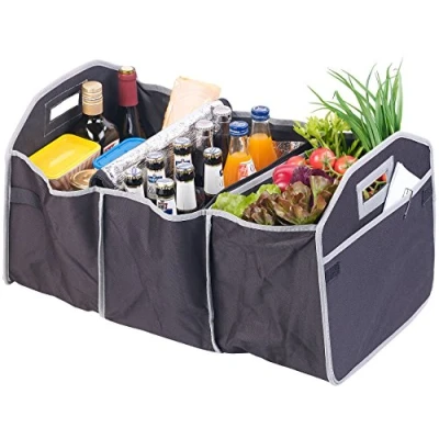 Abbildung von Lescars Kofferraumtasche: 2in1 Kofferraum Organizer mit 3 Fächern und Kühltasche, faltbar (Kofferraumtasche Kühlfach, XXL Kofferraumtasche Einkaufstaschen)