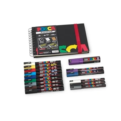 Abbildung von Faber Castell uni ball 205087 POSCA Marker Set XL, 15 Stifte und ein Sketchbook, für Beruf, Hobby Freizeit