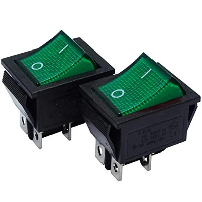 Abbildung von mmtrade 2x Kippschalter grün beleuchtet 230V, ON OFF/EIN AUS Wippschalter beleuchtet, DPST, Einbauschalter einrastbar mit Selbsthemmung, 20A/125VAC, 15A/250VAC