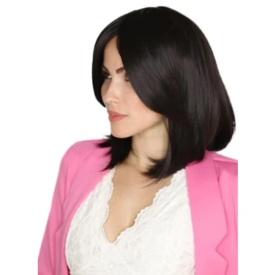 Abbildung von Prettyland natürliche schwarz Mittellange BOB leicht gewellte glatte Perücke mit Pony Alltagsperücke black wig C312