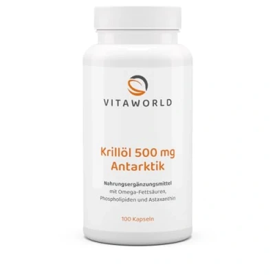 Abbildung von vitaworld Krillöl Antarktik 500 mg, Superba® aus nachhaltiger Fischerei, Enthält 200 mg essentielle Omega 3 Fettsäuren und 400 Phospholipide pro Tagesverzehrmenge, 100 Kapseln