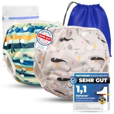 Abbildung von KIDVERSE 2er Set Schwimmwindel Baby 0 3 Jahre Hautfreundliche Schwimmwindeln wiederverwendbar &amp; saugstark mit Tasche Wäschenetz (Türkis Beige Whales)