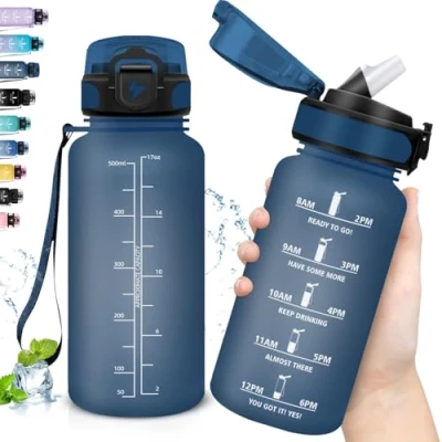 Abbildung von Grsta Trinkflasche, 500ml Trinkflasche Kinder, Auslaufsicher mit Strohhalm, Zeitmarkierung, Leicht zu Reinigen, Sport für Schule, Fahrrad, Gym, NavyBlue