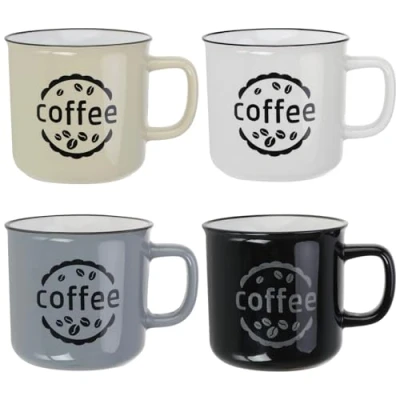 Abbildung von com four® 4x Kaffeebecher im Vintage Design 380 ml Kaffeetasse aus Keramik Henkeltasse Emaille Look für zu Hause, Büro, Garten, Camping (04 Stück beige/grau/schwarz/weiß)