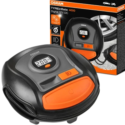 Abbildung von OSRAM TYREinflate 400, digitaler Reifenfüller, aufziehbares Stromkabel, Stromanschluss über 12V Steckdose im Auto, Reifenfüllung in 3,5 Minuten