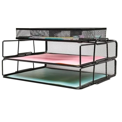 Abbildung von EXERZ Schicht Aus 2 Verdrahteten Mesh Papiersortierern/Schreibtischorganisatoren/Abnehmbaren Aktenhaltern Mit Zusätzlichem Teiler/Memohalter Oben Büro, Schule, Studie Multifunktional Essential