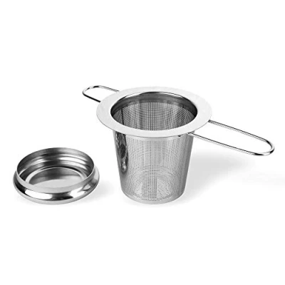 Abbildung von Schramm® Edelstahl Teesieb mit Deckel Abtropfschale Teefilter ideal für losen Tee passend Tasse und Kanne langem Griff faltbar
