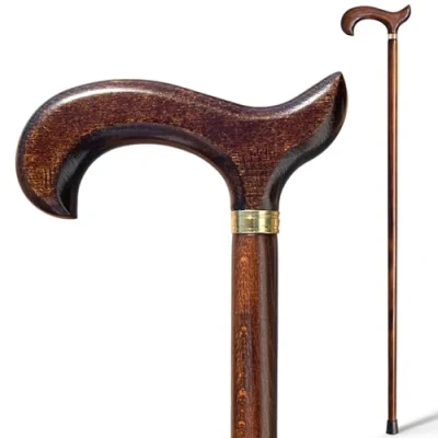 Abbildung von Stock Fachmann® Gehstock Gehhilfe Spazierstock Buche Derbygriff Goldfarbenes Schmuckband Gummikapsel Farbe Dunkelbraun Länge Wählbar Belastbar Bis 100kg Eigengewicht Ca. 330g Für Mehr Gangsicherheit