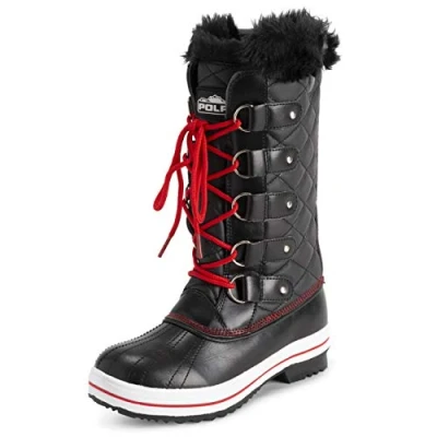 Abbildung von Polar Damen Quilted Hoch Schnee Wasserdicht Winter Kunstpelz Dauerhaft Gummisohle Draussen Regen Stiefels Schwarz/Rot UK6/EU39 YC0630