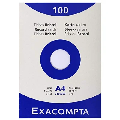 Abbildung von Exacompta 13306E Packung (mit 100 Karteikarten, ungelocht DIN A4, 210 x 297 mm, 205 g, blanko, ideal für die Schule) 1er Pack weiß