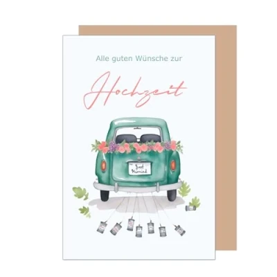 Abbildung von Edition Seidel Premium Glückwunschkarte zur Hochzeit mit Umschlag aus Kraftpapier. Hochzeitskarte Grußkarte Vermählung Just Married Wedding Brautpaar Auto Dosen Blumen (H479 SW024)