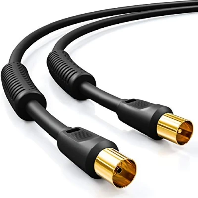 Abbildung von deleyCON 3,0m TV Antennenkabel Koaxial Kabel HDTV 4 fach Schirmung 2x Ferritkern Mantelstromfilter DVB T T2 Radio DAB Schwarz
