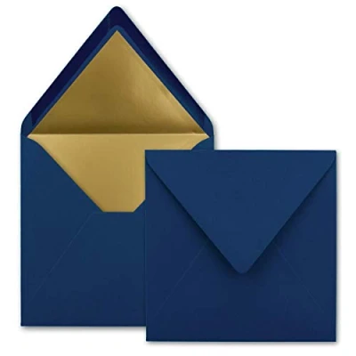 Abbildung von 25 quadratische Brief Umschläge 15,5 x cm, Dunkelblau (Blau) mit Gold Papier gefüttert Nassklebung FarbenFroh by GUSTAV NEUSER