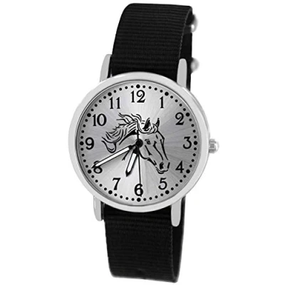 Abbildung von Pacific Time Mädchen Armbanduhr Uhr Pferd Pferdemotiv analog Quarz mit Textilarmband schwarz 10407