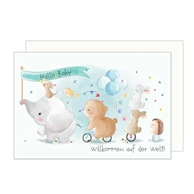 Abbildung von Edition Seidel Premium Glückwunschkarte zur Geburt mit Umschlag. Karte Babykarte Ereigniskarte Grusskarte Hallo Baby Tiere Ereignis Junge Mädchen (E272 SW023)
