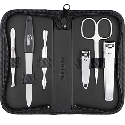 Abbildung von Maniküre Set Solingen mit Top Preis/Leistung Kunst Leder Etui handlich und weich 6teiliges Nagelset für Damen Herren marQus aus glanzvernickeltem poliertem Stahl