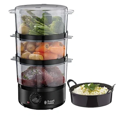 Abbildung von Russell Hobbs Dampfgarer [klein] 7,0l (60 Minuten Timer + Abschaltautomatik, 3 spülmaschinengeeignete Dampfgarbehälter Reisschale / Reiskocher, BPA frei) Dampfkocher Compact 26530 56