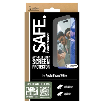 Abbildung von Apple iPhone 16 Pro Panzerglas PanzerGlass SAFE EyeCare Screenprotector Ultra Wide Fit Screen Protector mit Applikator