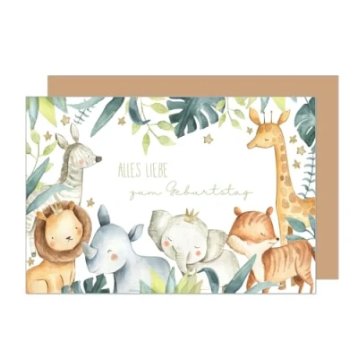 Abbildung von Edition Seidel Premium Geburtstagskarte mit Umschlag. Glückwunschkarte Karte Billet Geburtstag Alles Liebe Kind Mädchen Junge Tiere Giraffe Löwe Elefant Nasshorn Zebra Natur (G3516 SW024)
