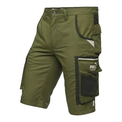 Abbildung von PUMA Workwear Precision X Kurze Arbeitshose Herren Robuste &amp; Flexible Arbeitsshorts Viele Taschen und Bequeme Passform Ideal für Handwerk Heimwerk Baugewerbe Oliv/Schwarz Gr. 46