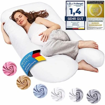 Abbildung von SMOOTHY Schwangerschaftskissen, Seitenschläferkissen, Lagerungskissen, Baby Kissen &amp; Stillkissen in U Form mit abnehmbarem waschbarem Bezug aus 100% Baumwolle (Junior XL, 120 x 70 cm, Hellblau)