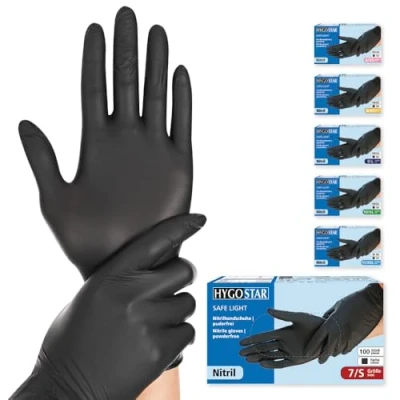 Abbildung von FRANZ MENSCH Hygostar Nitrilhandschuhe Safe Light puderfrei, schwarz, 7/S, 24cm, 100 Stück, Einweghandschuhe, Einmalhandschuhe, in Gr. XS, S, M, L, XL &amp; XXL verfügbar
