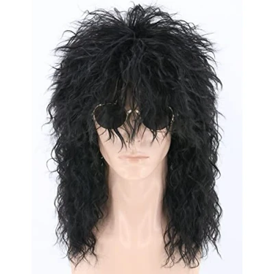 Abbildung von LeMarnia 70er/80er Rocker Vokuhila Perücke Schwarz lang lockig Unisex Erwachsene Halloween Cosplay Kostüm