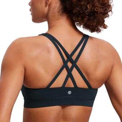 Abbildung von CRZ Yoga Damen Ohne Bügel Sport BH Gekreuzt Rücken Spaghetti Top Abnehmbare Pads Croptop Echte Marine M